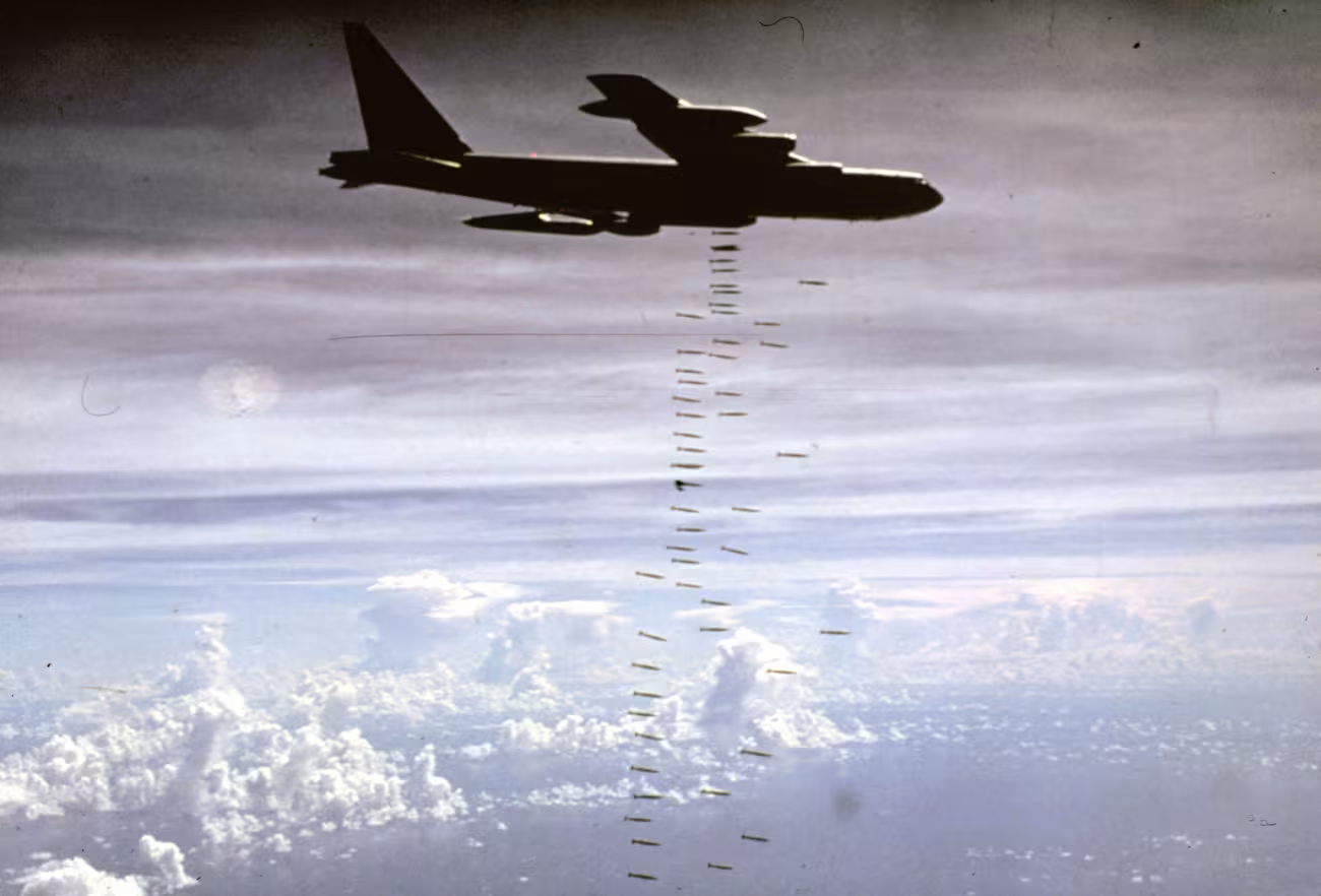 A B-52F during a bombing run in Vietnam in 1965 at the beginning of Operation Arc Light. (US Global Strike Command photo) 