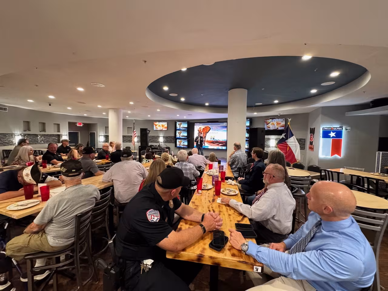 Inside the Video Wall Room at the Arc Light Bar & Grill Inside the Clarion Hotel at 441 Rio Concho Dr.